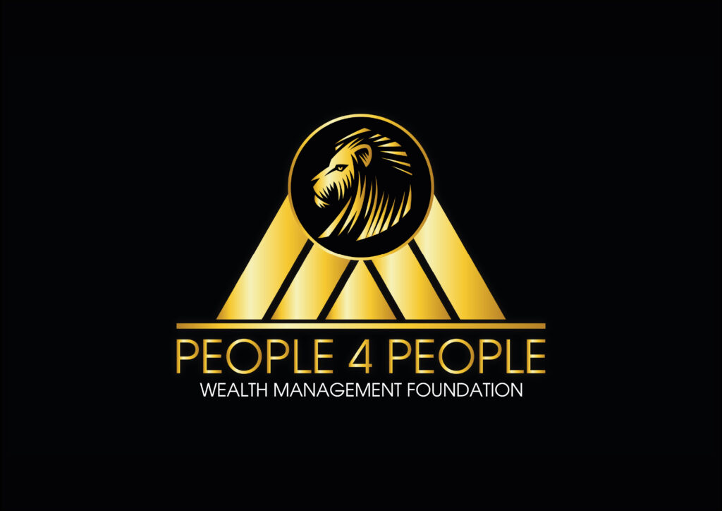 Logo für die PEOPLE 4 PEOPLE - Stiftung, gestaltet von Tränkl Company Consulting. Es zeigt einen stilisierten, goldenen Löwenkopf auf schwarzem Hintergrund, der Stärke und Würde ausstrahlt.