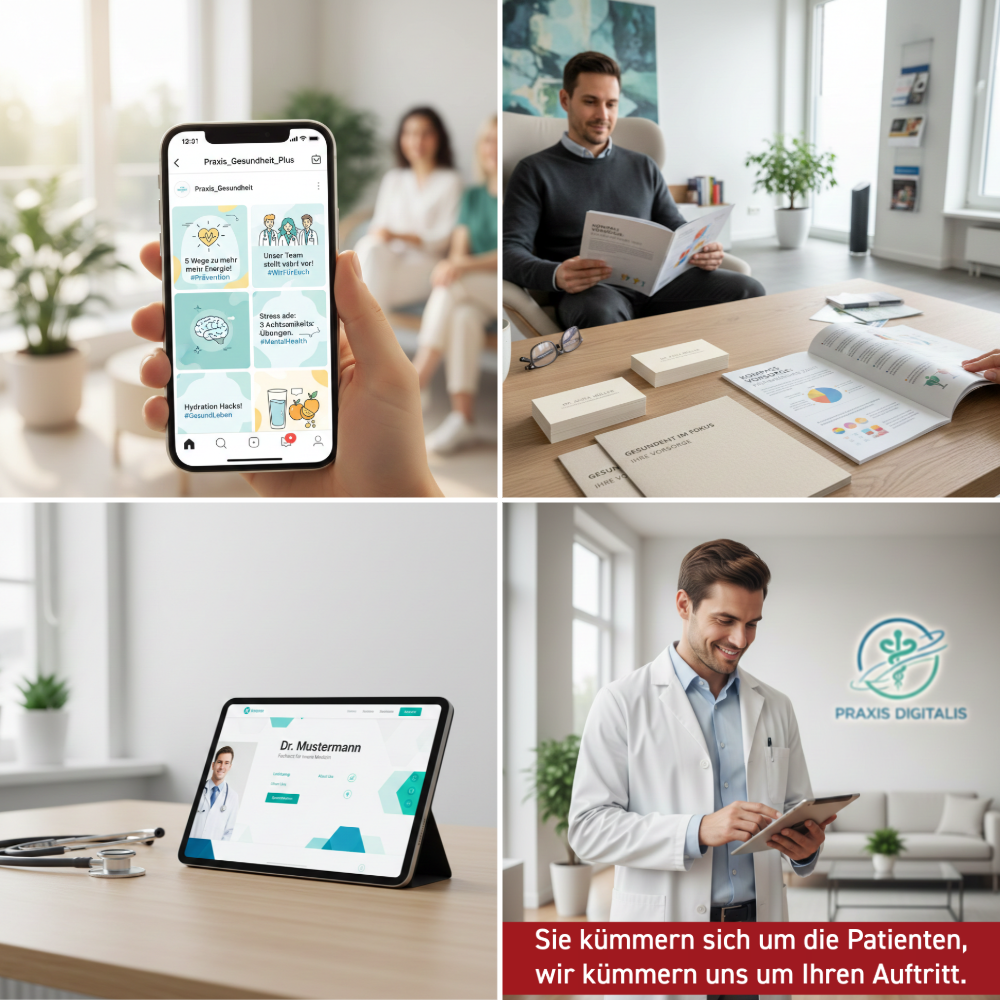 Fotocollage für Praxis-Marketing: Ärztin im Gespräch, moderne Praxis-Website auf einem Tablet, Google Maps Suche nach einem Arzt, hochwertige Visitenkarten und Flyer.